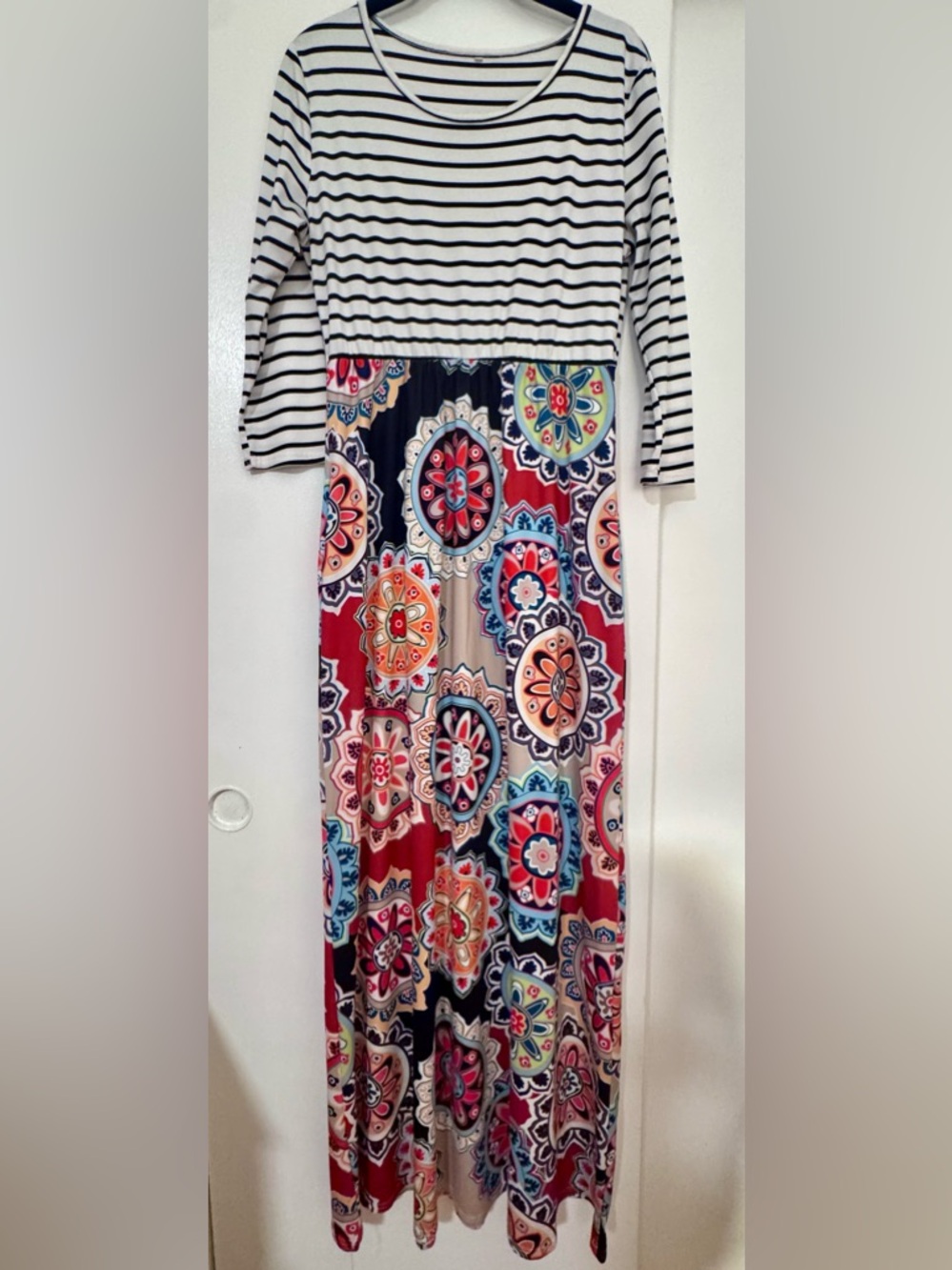 Striped Top Mixed-Print Maxi Dress in Black, White & Multicolor